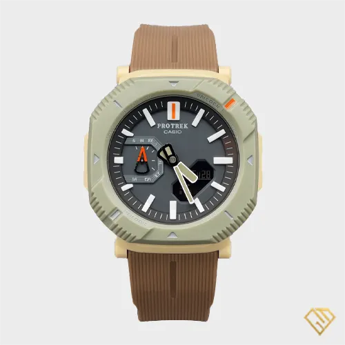 ساعت کاسیو پروترک Casio Protrek؛ موتور ژاپن، رنگ قهوهای خاکی با بند رابر
